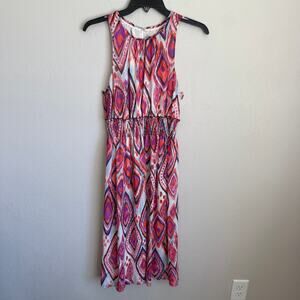 Trina Turk Mao Smocked Midi Dress Purple Orange Blue Geometric Print Womens 4